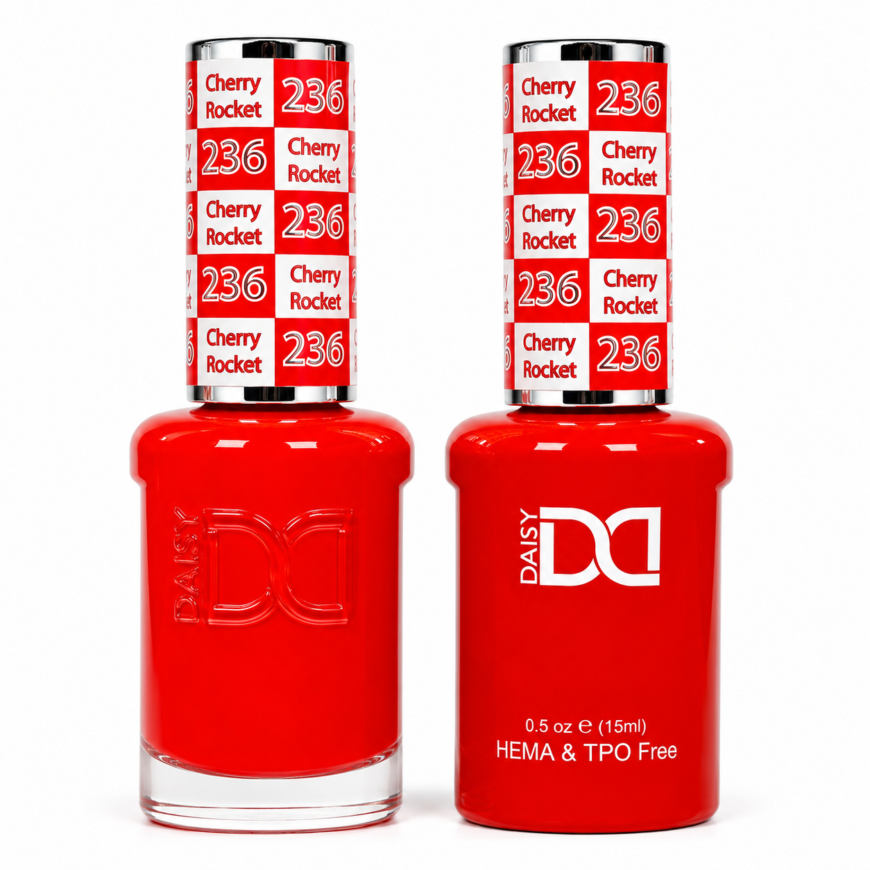DND 236 Cherry Rocket HEMA and TPO Free Gel Polish Duo bold cherry red nail polish bottles.