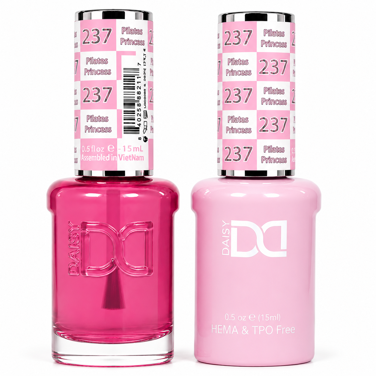 DND 237 Pilates Princess HEMA and TPO Free Gel Polish Duo sweet soft pink nail polish bottles.