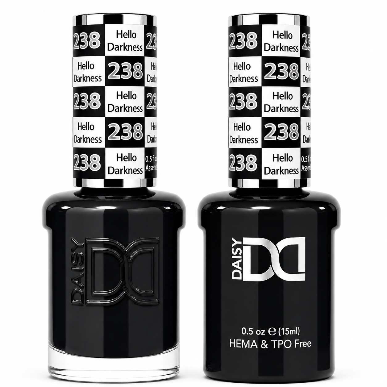DND 238 Hello Darkness HEMA and TPO Free Gel Polish Duo bold jet black nail polish bottles.