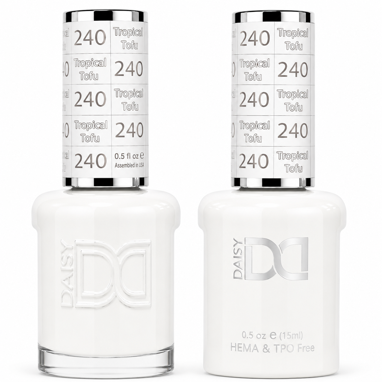 DND 240 Tropical Tofu HEMA and TPO Free Gel Polish Duo crisp creamy white nail polish bottles.