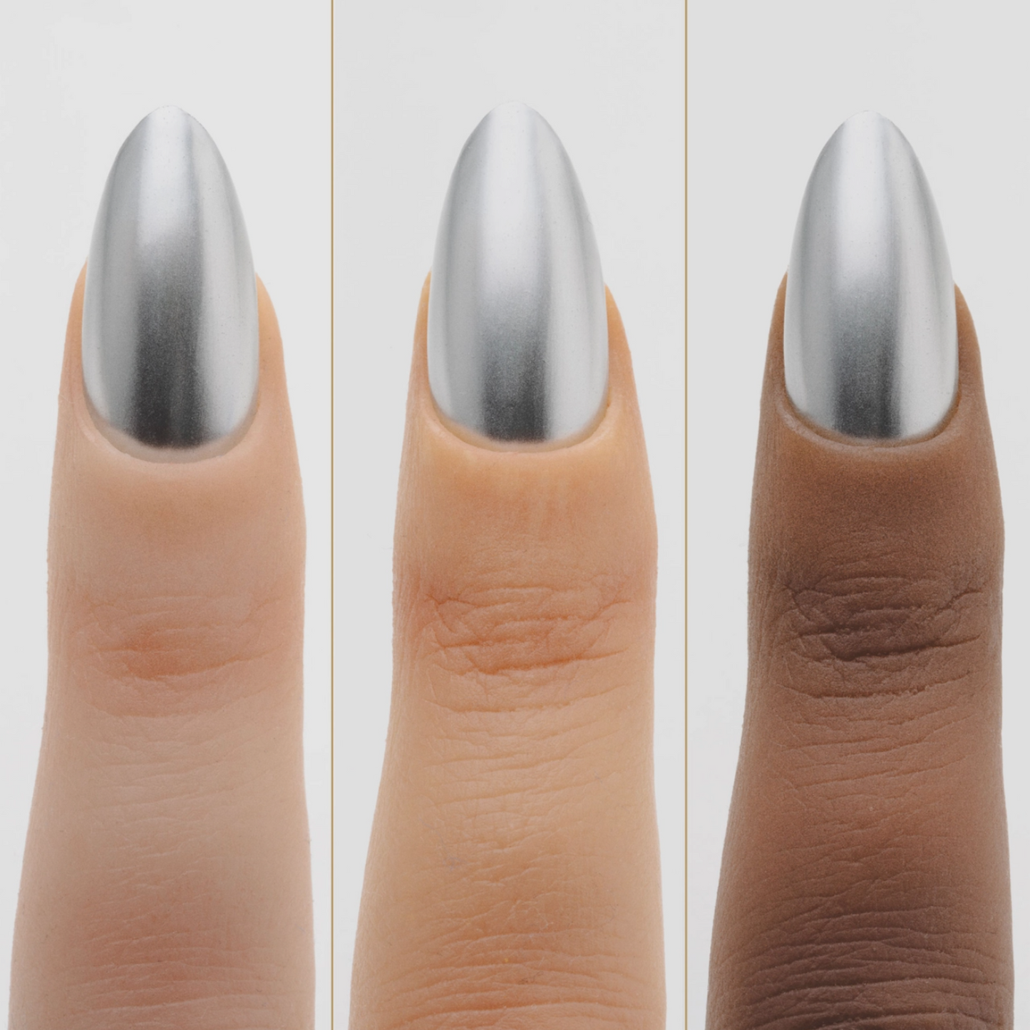 hands wearing Apres Silver Screen Silk Cover Metallic Liquid Chrome