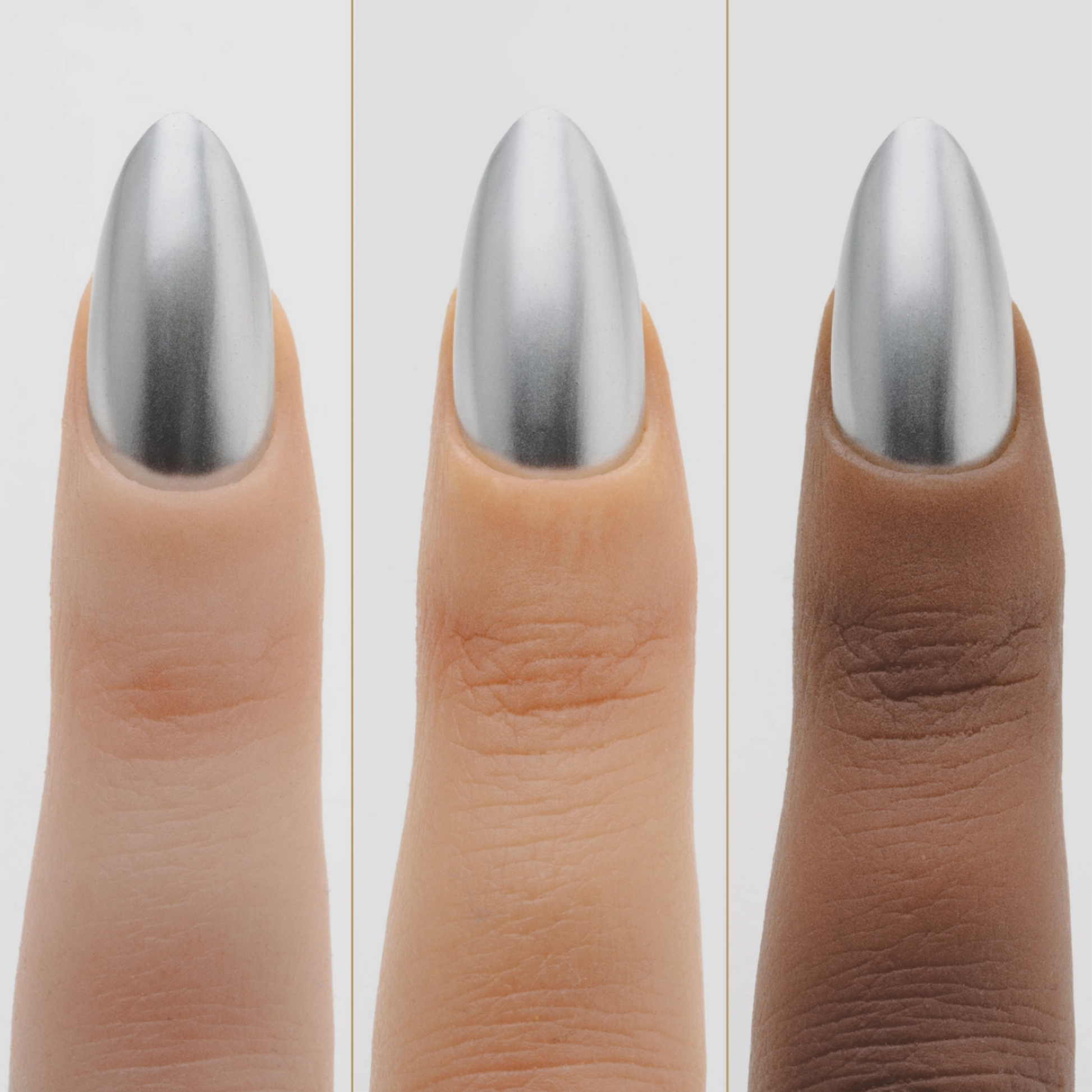 hands wearing Apres Silver Screen Silk Cover Metallic Liquid Chrome