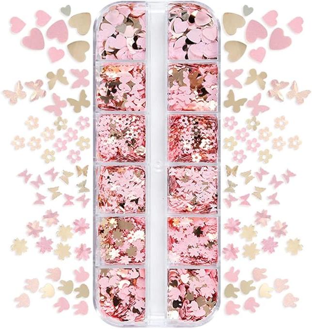 Nail Decorative Art - 12 Grid Pink Heart, Flowers, Butterflies, Bunny Slices