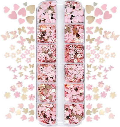 Nail Decorative Art - 12 Grid Pink Heart, Flowers, Butterflies, Bunny Slices