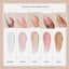 Aprés Soft Gel Builder Color Set shade chart featuring Whisper, Swoon, Glow, Blush, and Touch with nail swatches and color samples