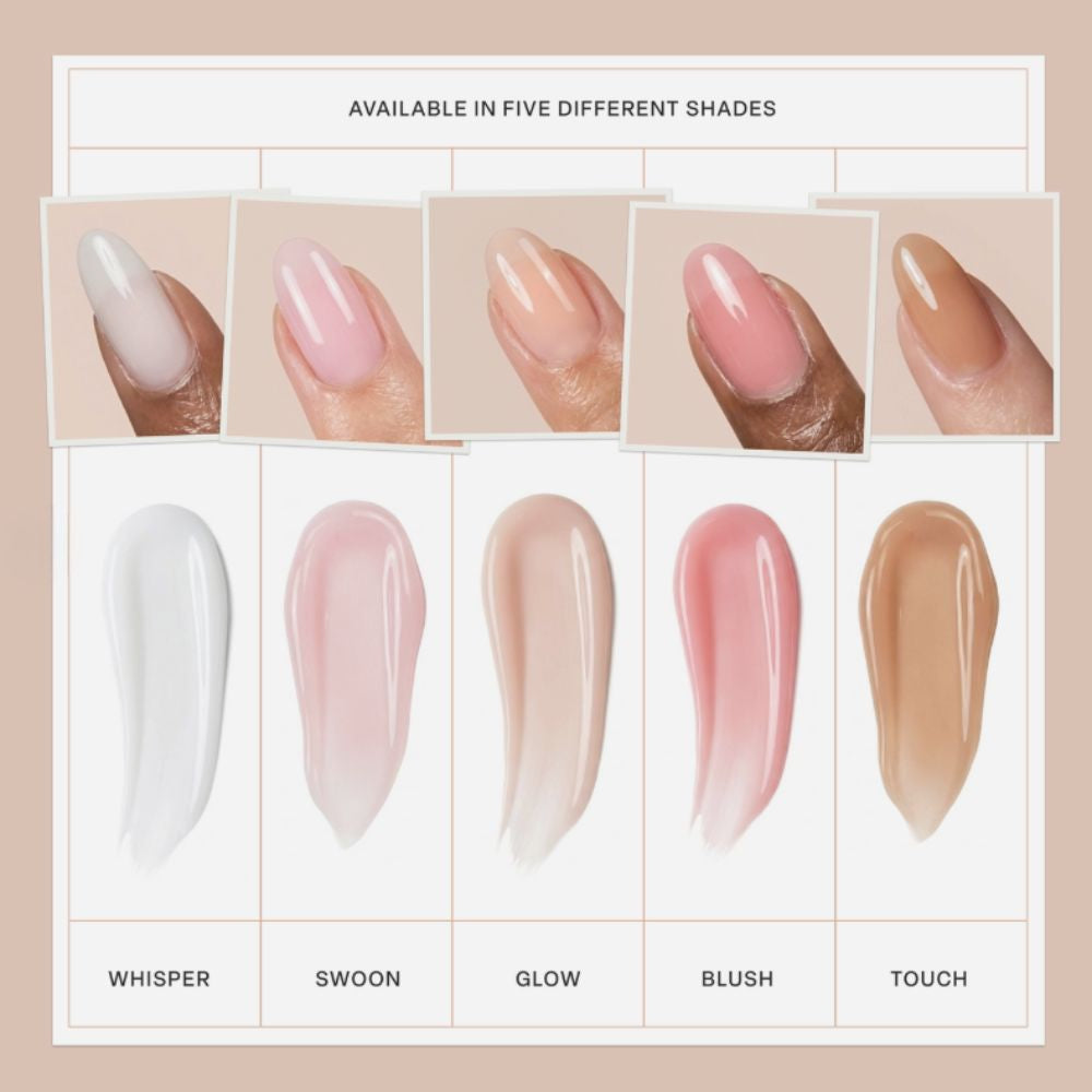 Aprés Soft Gel Builder Color Set shade chart featuring Whisper, Swoon, Glow, Blush, and Touch with nail swatches and color samples