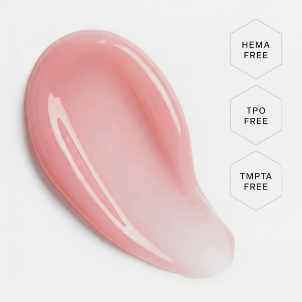 Aprés Soft Gel Builder Gel Blush rosy pink self-leveling builder gel color swatch, HEMA-free, TPO-free, and TMPTA-free.