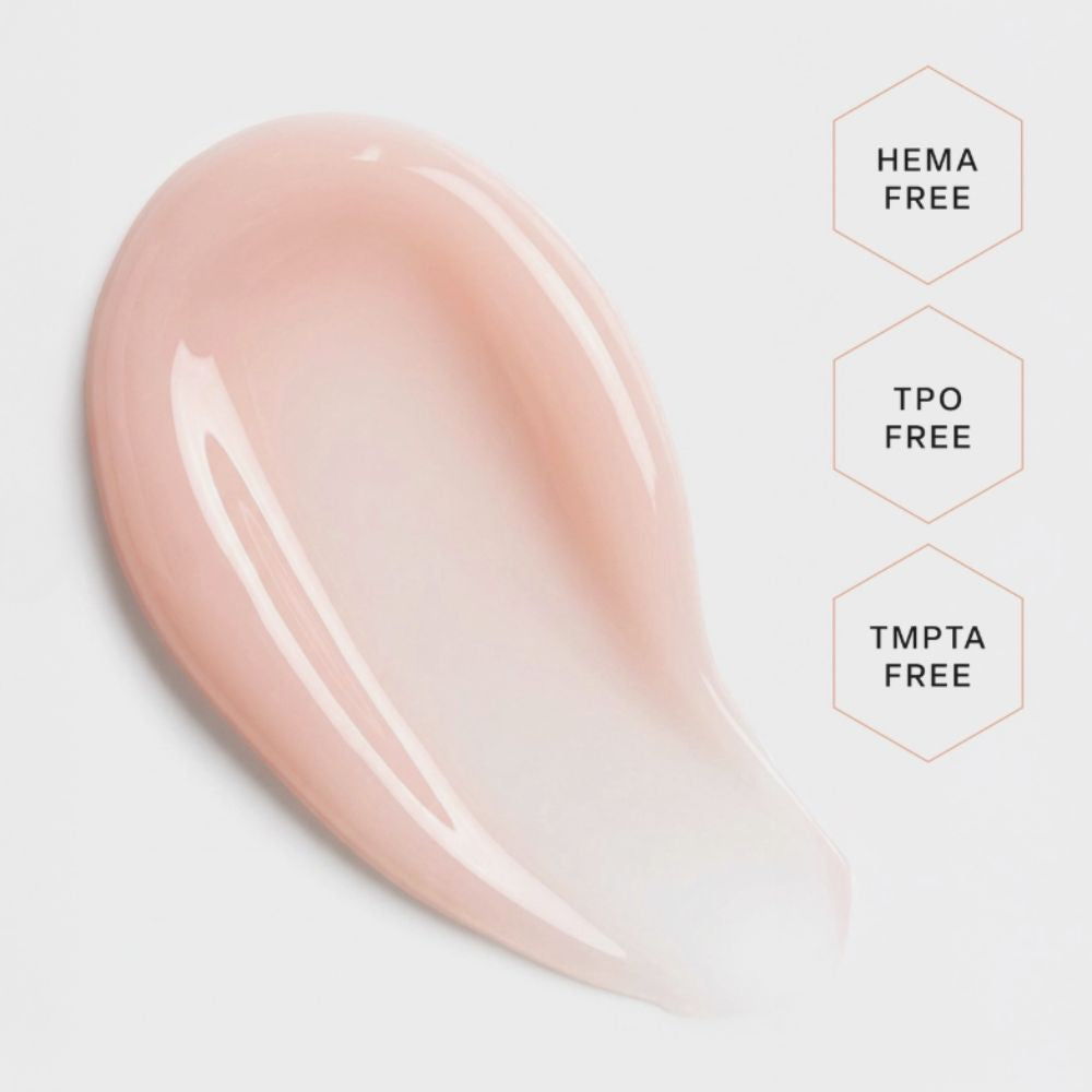 Aprés Soft Gel Builder Gel Glow peachy nude self-leveling builder gel color swatch, HEMA-free, TPO-free, and TMPTA-free.