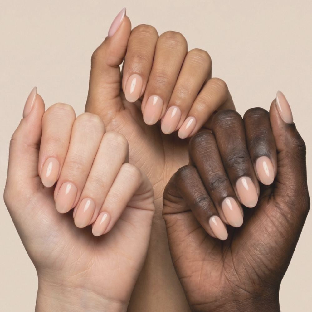 Aprés Soft Gel Builder Gel Glow showcased on multiple skin tones, featuring soft peachy nude clean girl nails with a natural glossy structured gel manicure.