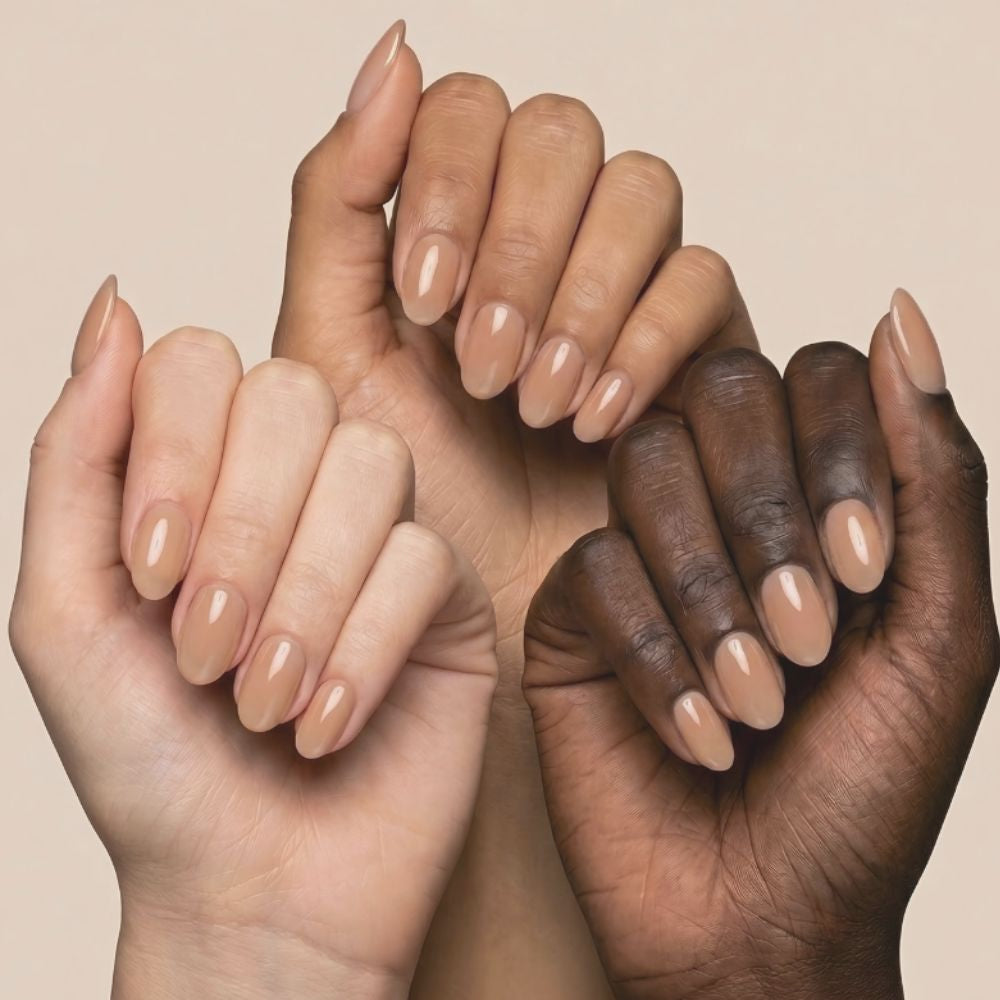 Aprés Soft Gel Builder Gel Touch showcased on multiple skin tones, featuring warm beige nude clean girl nails with a natural glossy structured gel manicure.