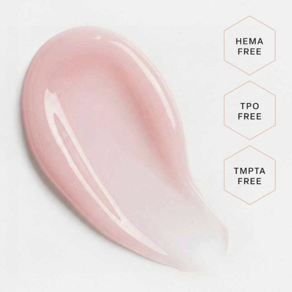 Aprés Soft Gel Builder Gel Swoon sheer pink self-leveling builder gel color swatch, HEMA-free, TPO-free, and TMPTA-free.