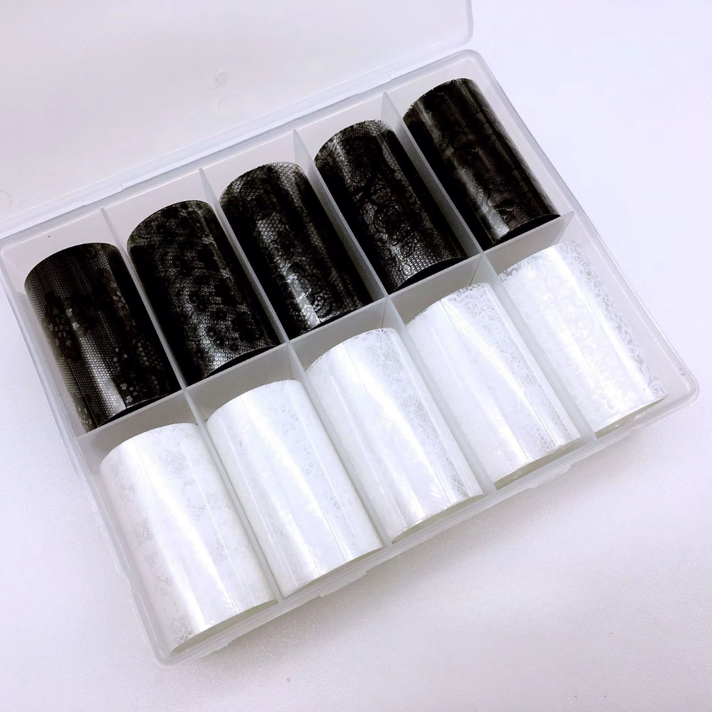 Nail Art Transfer Foil 10pk - 03 White & Black Lace