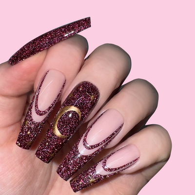 hands wearing GFX128 Crimson Diamond FX Gel by Kiara Sky