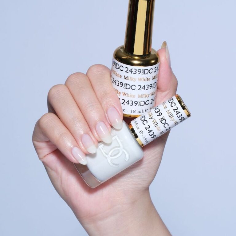 hands wearing 2439 Milky White Gel & Polish Duo by DND DC