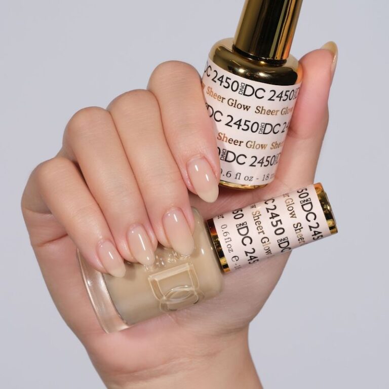 hands wearing 2450 Sheer Glow Gel & Polish Duo by DND DC