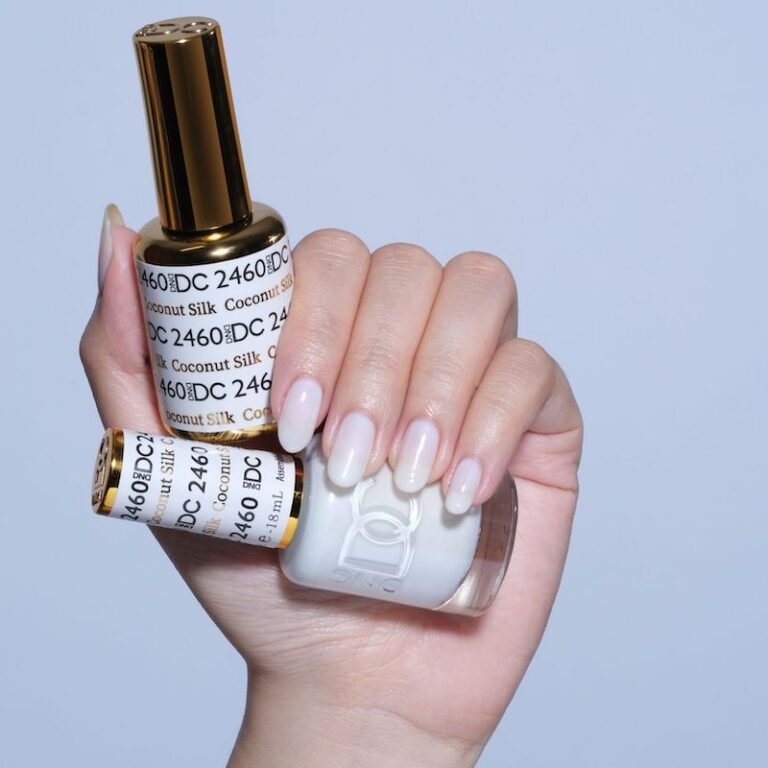 hands wearing 2460 Coconut Silk Gel & Polish Duo by DND DC