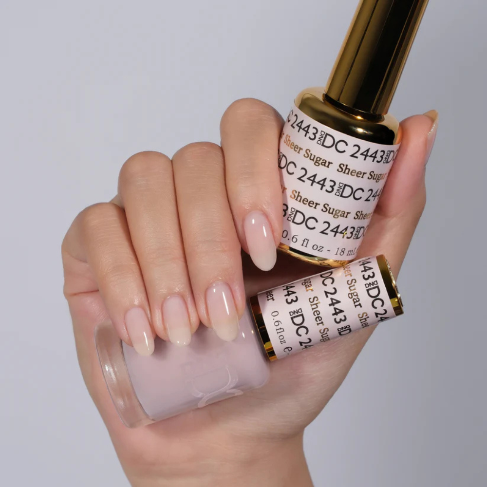 Hands wearing DND DC Gel 2443 Sheer Sugar