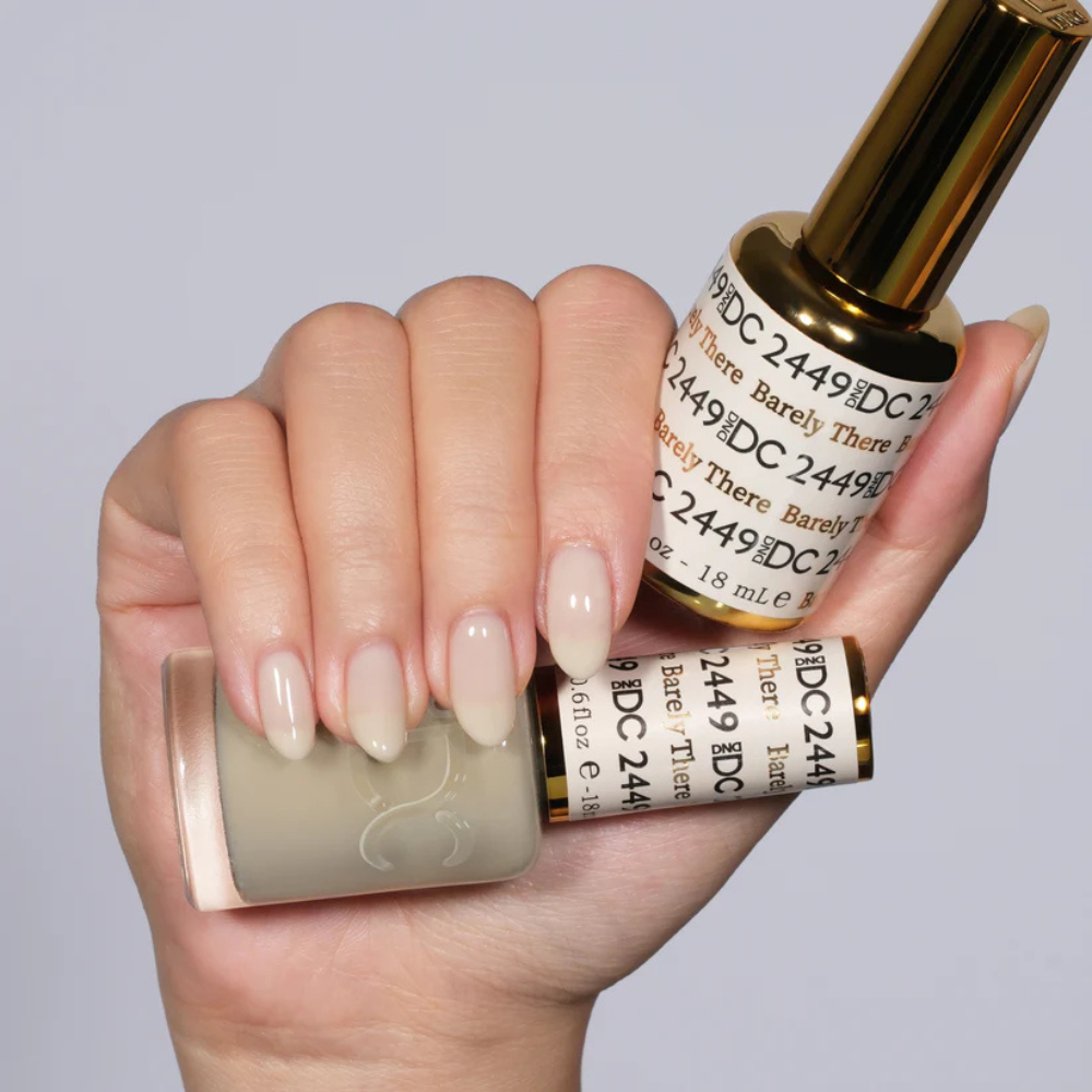 Hands wearing DND DC Gel 2449 Barely There