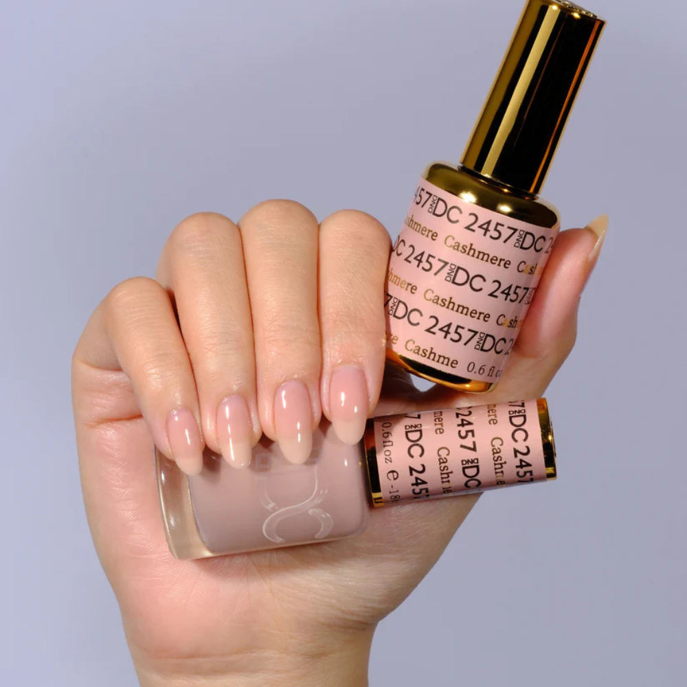 Hands wearing DND DC Gel 2457 Cashmere