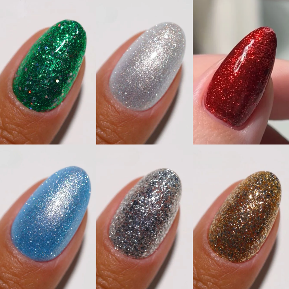 finger wearing DND Diva Winter Gel Polish 6pc Bundle - Holiday Glitz