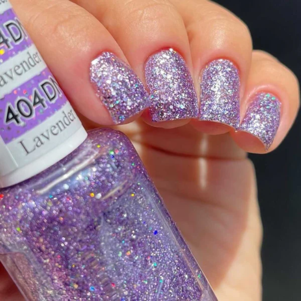 Hands wearing DND Gel 404 Lavender Daisy Star