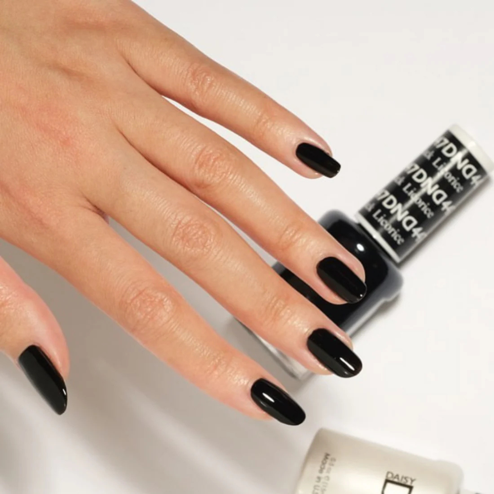 Hands wearing DND Gel 447 Black Licorice