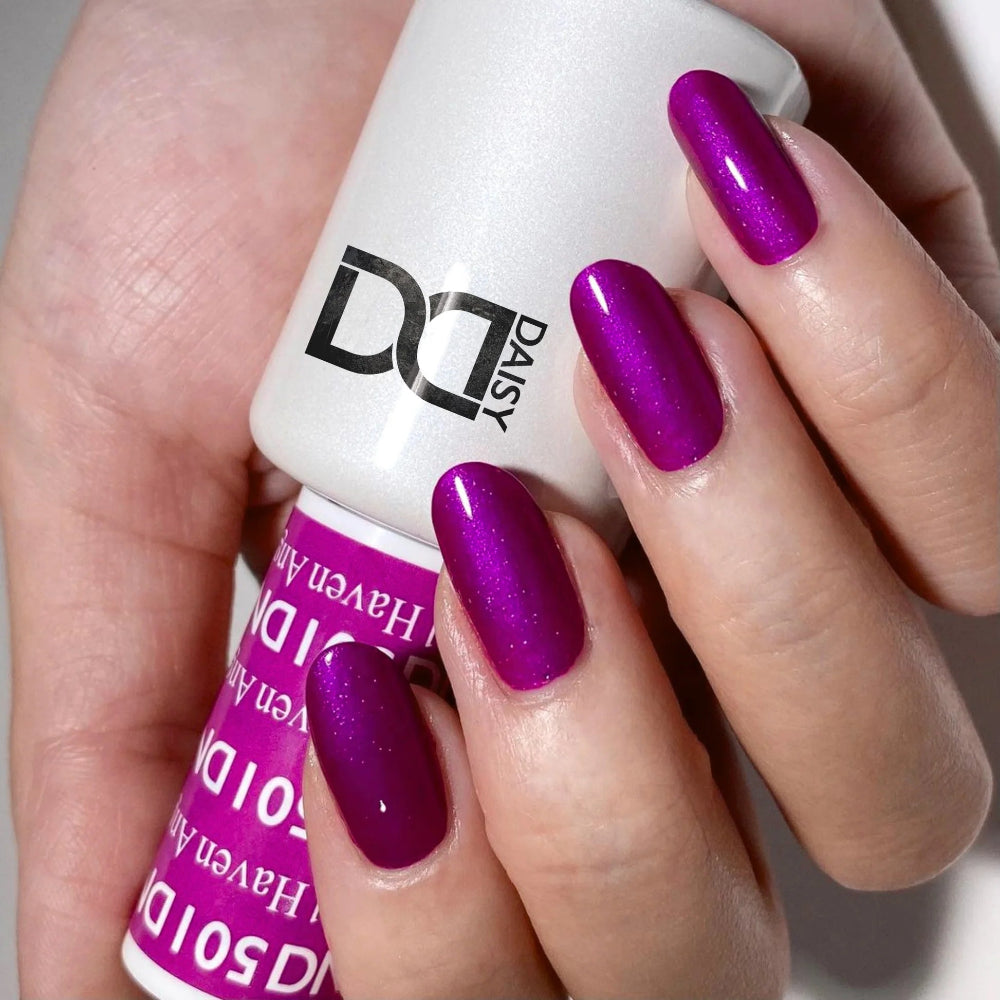 hands wearing color swatch for DND Gel Polish 501 Haven Angel