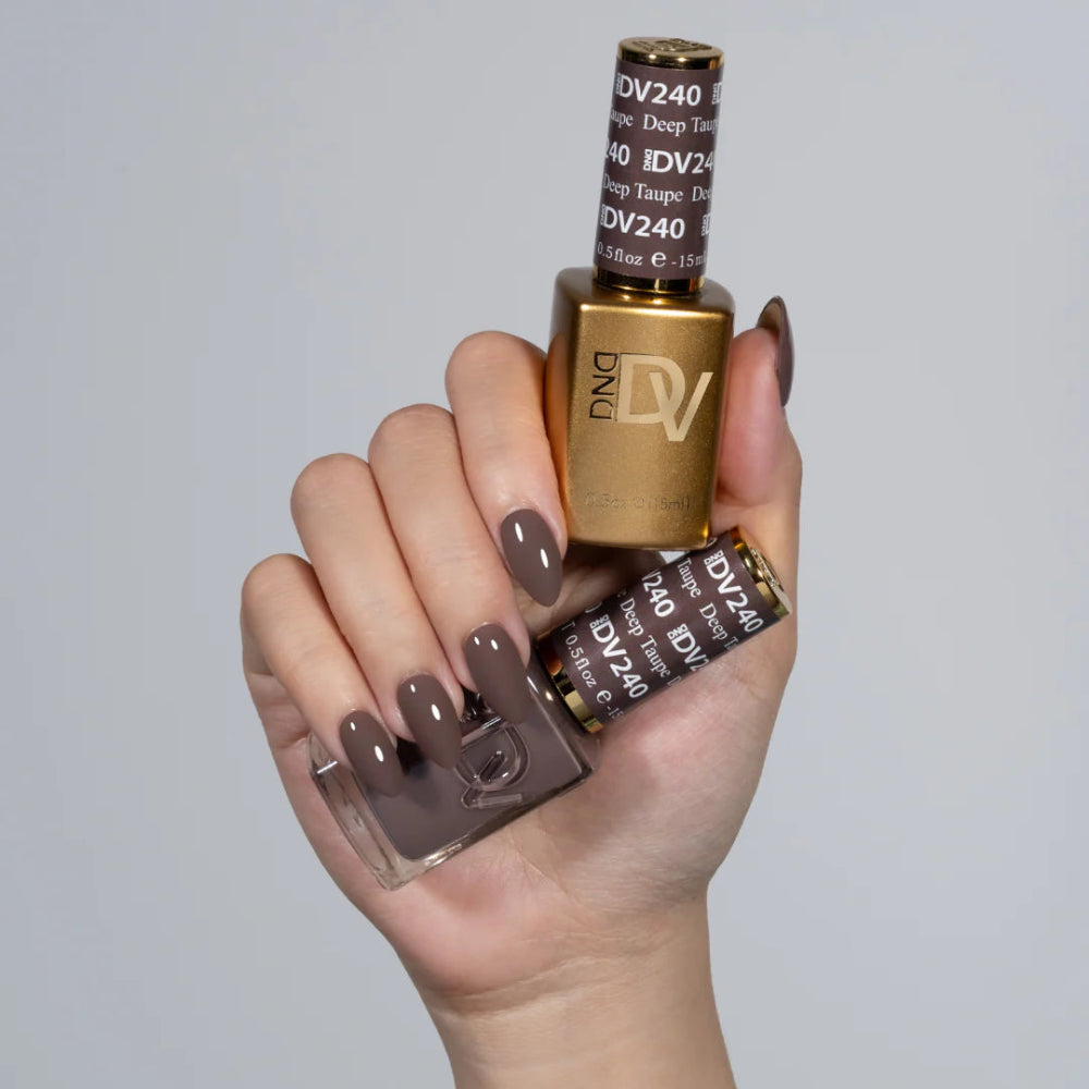 hands wearing 240 Deep Taupe Diva Gel & Polish Duo by DND