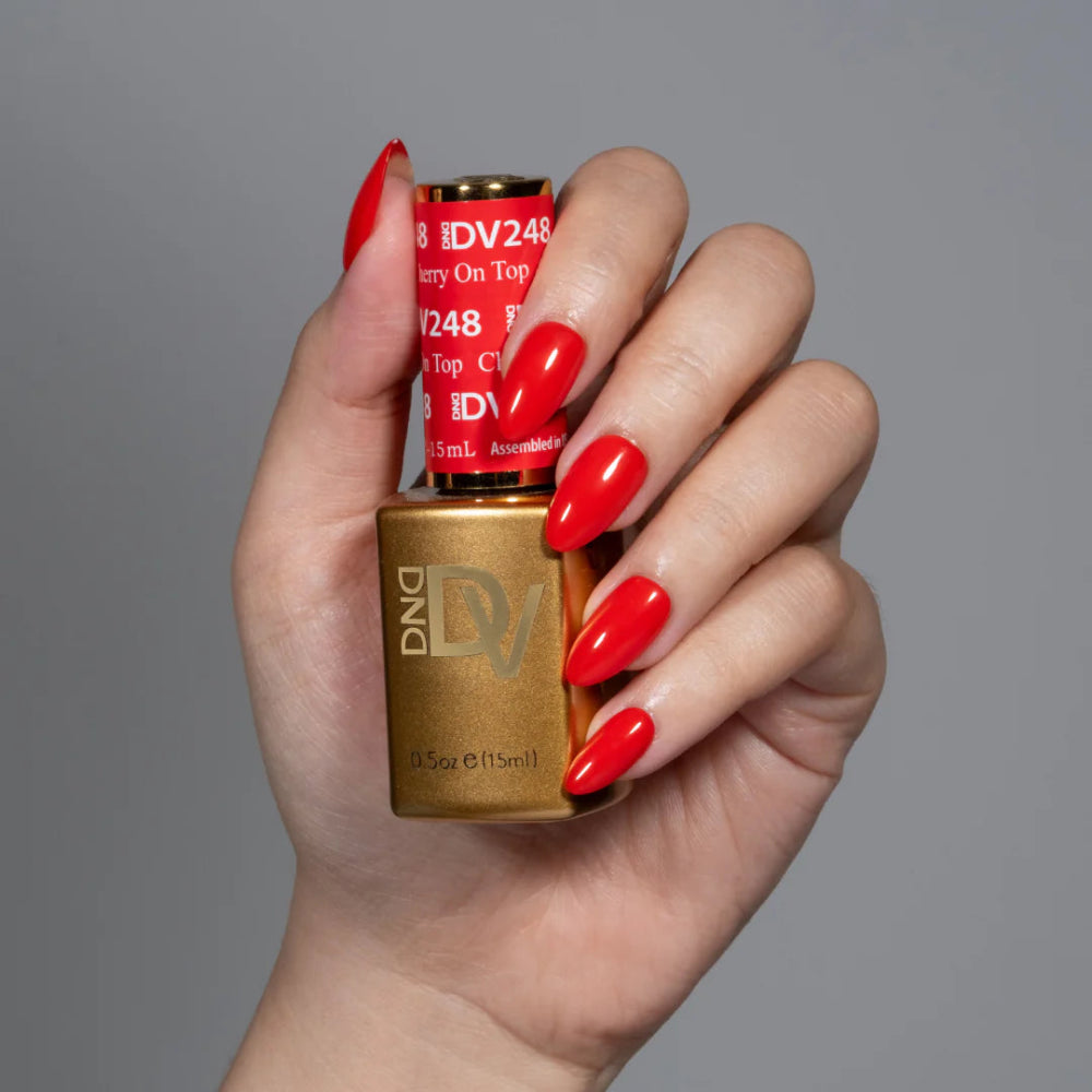 hand holding 248 Cherry On Top gel polish by DND Diva