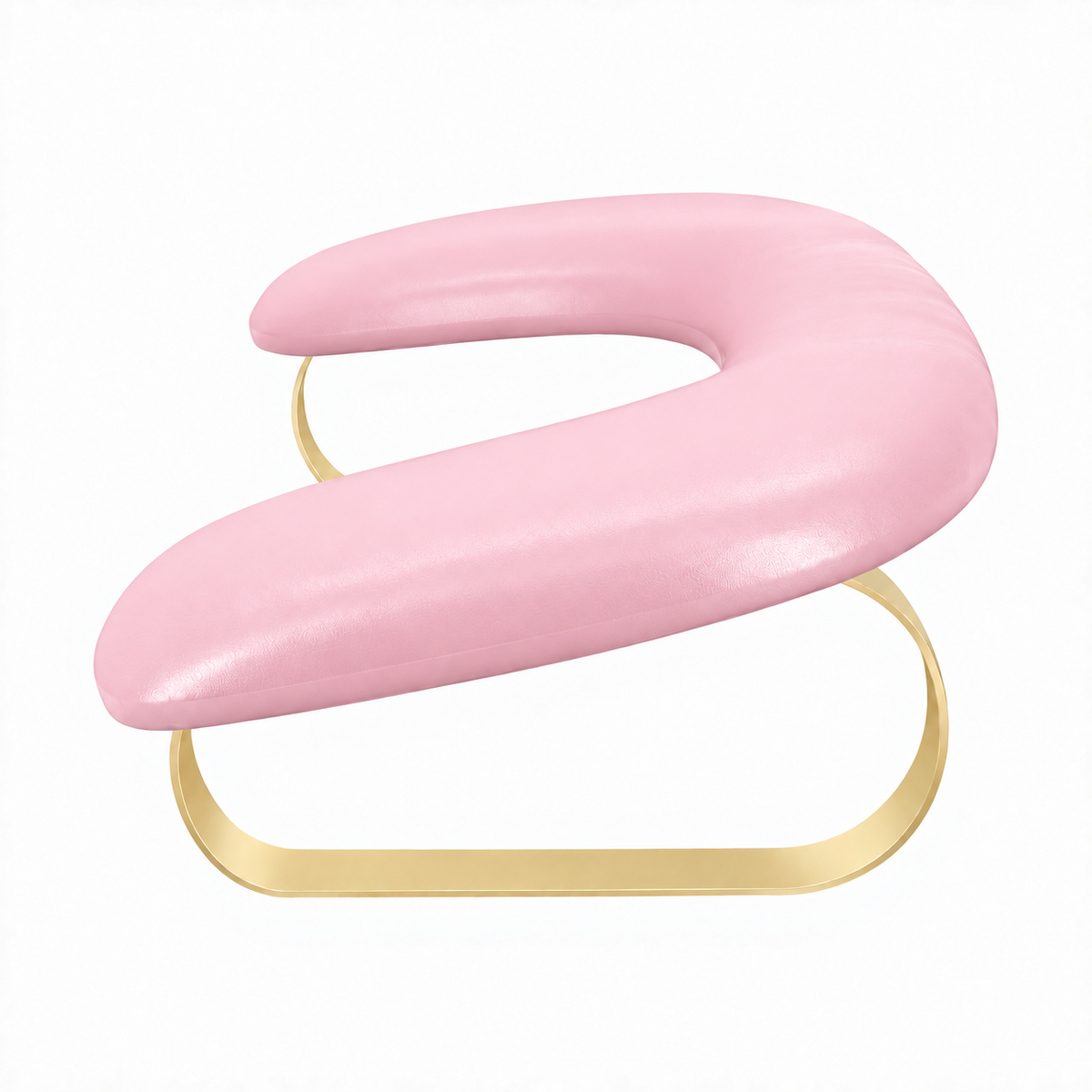 Pink U-shaped manicure armrest with two gold metal legs on a white background