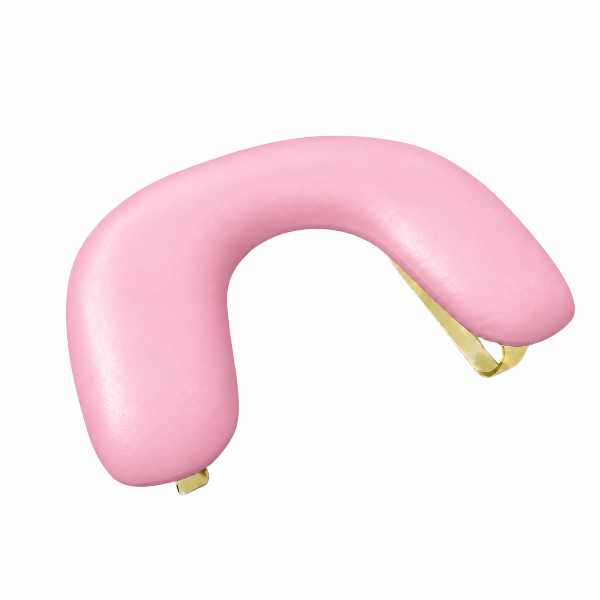 Deluxe pink manicure armrest with rounded gold metal base on a white background
