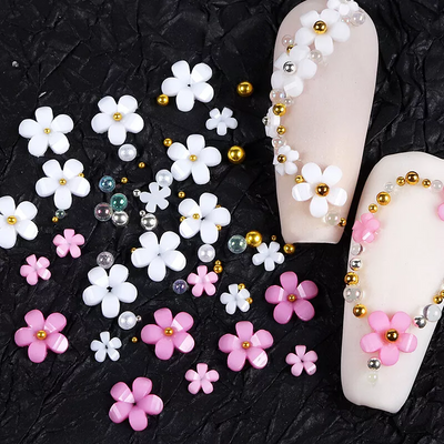 Nail Art - Pink & White Flowers with Gold Beads