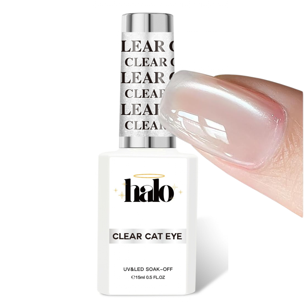 Halo Clear Cat Eye Gel bottle beside a nail displaying the clear, high-gloss silver magnetic cat-eye effect.