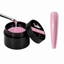 Halo Gel Builder #12 pink glitter builder gel in a 30g black jar with a brush lifting thick self-leveling gel, displayed beside a glossy pink glitter nail swatch