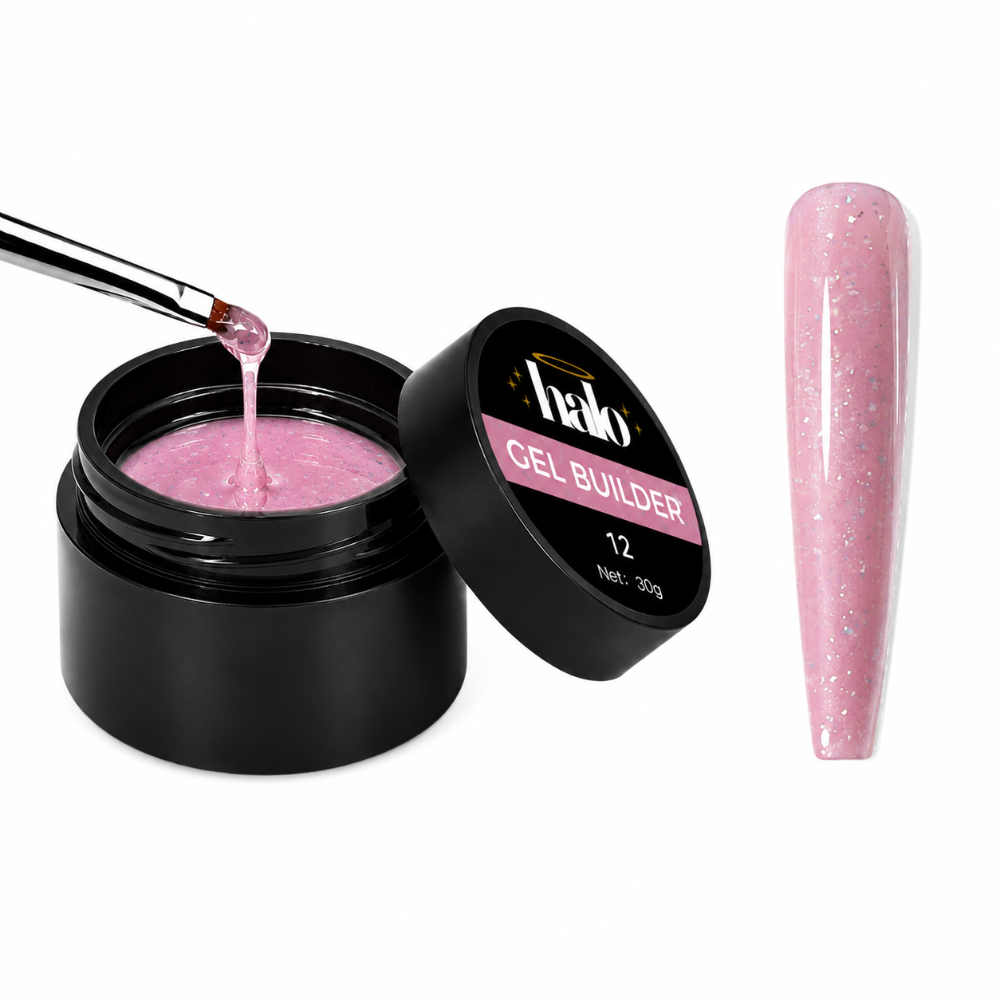 Halo Gel Builder #12 pink glitter builder gel in a 30g black jar with a brush lifting thick self-leveling gel, displayed beside a glossy pink glitter nail swatch