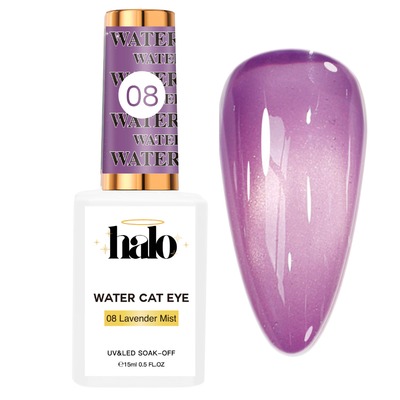 Halo Water Cat Eye Gel Polish 08 Lavender Mist, a soft lavender magnetic gel polish with a shimmering water cat eye effect in a 15mL soak-off UV/LED bottle.