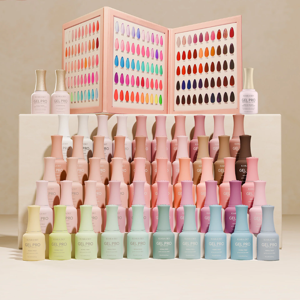 Kiara Sky Gel Pro Volume 1 HEMA and TPO-Free 50 color gel polish collection display with swatch book