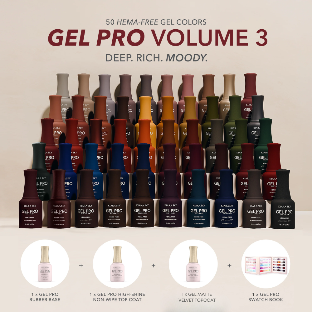 Kiara Sky Gel Pro Volume 3 50 HEMA and TPO-Free gel colors with Rubber Base, top coat and swatch book