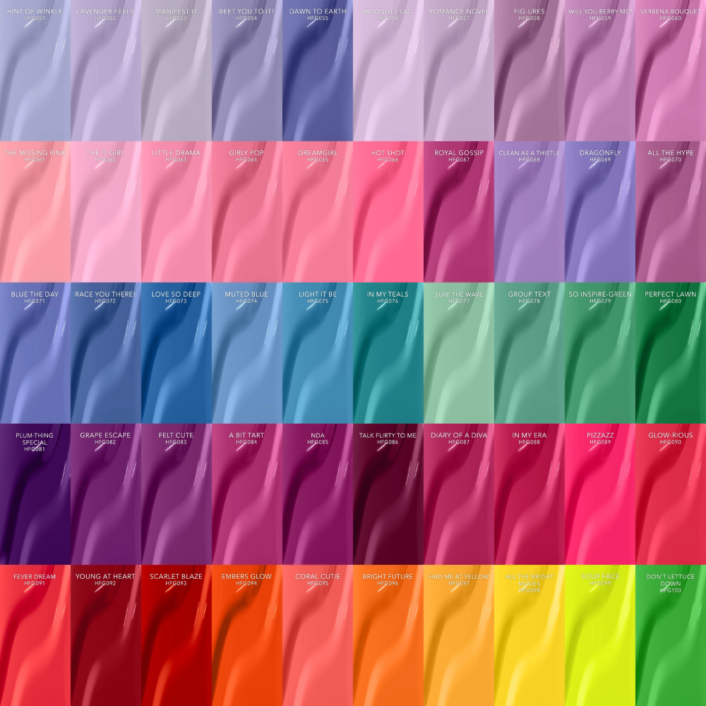 Kiara Sky Gel Pro Volume 2 HFG051-HFG100 color swatches featuring bold pink, purple, blue, green, red, orange and neon gel polish shades