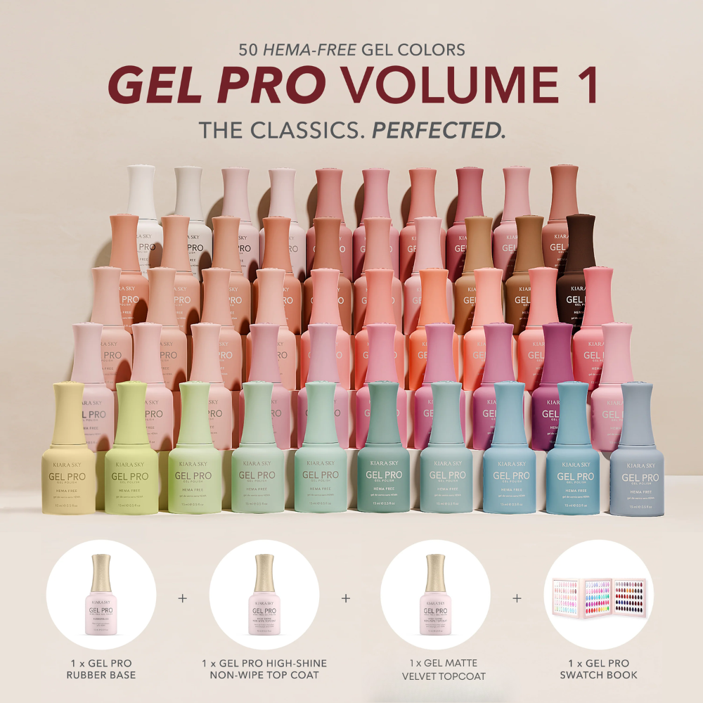Kiara Sky Gel Pro Volume 1 50 HEMA and TPO-Free gel colors with Rubber Base, top coat and swatch book