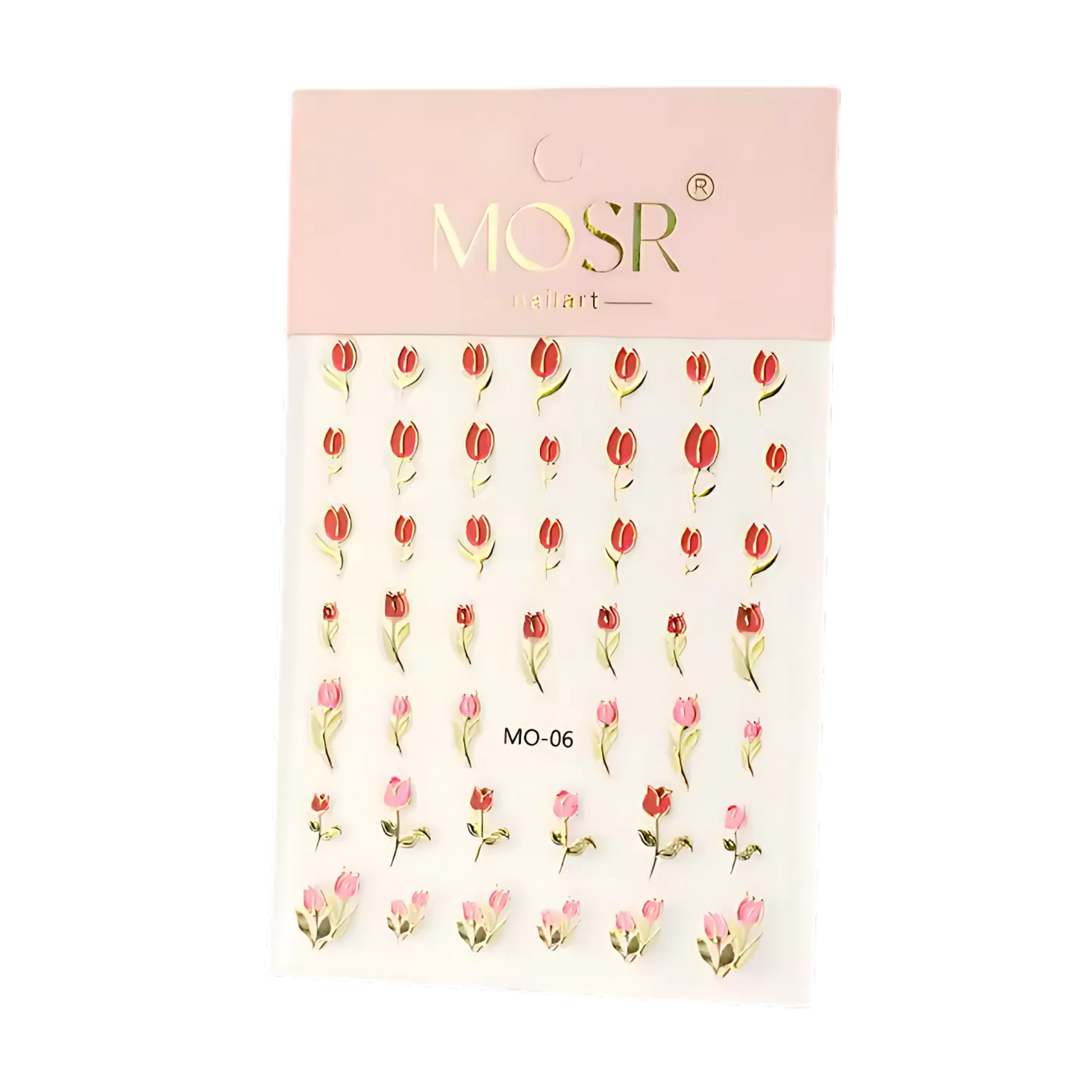 Packaging of nail art stickers with tulip design and on a white background