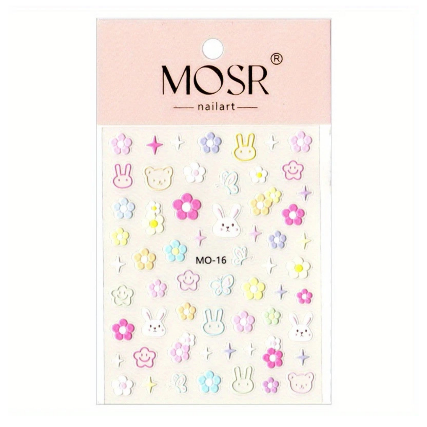 Packaging of MOSR nail art stickers with cartoon designs on a pink background