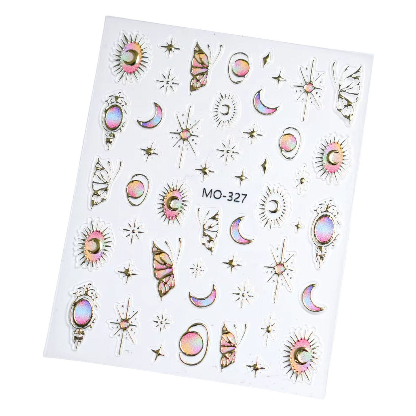 holographic moons, suns, butterflies, and mystical stars outlined in gold nail stickers