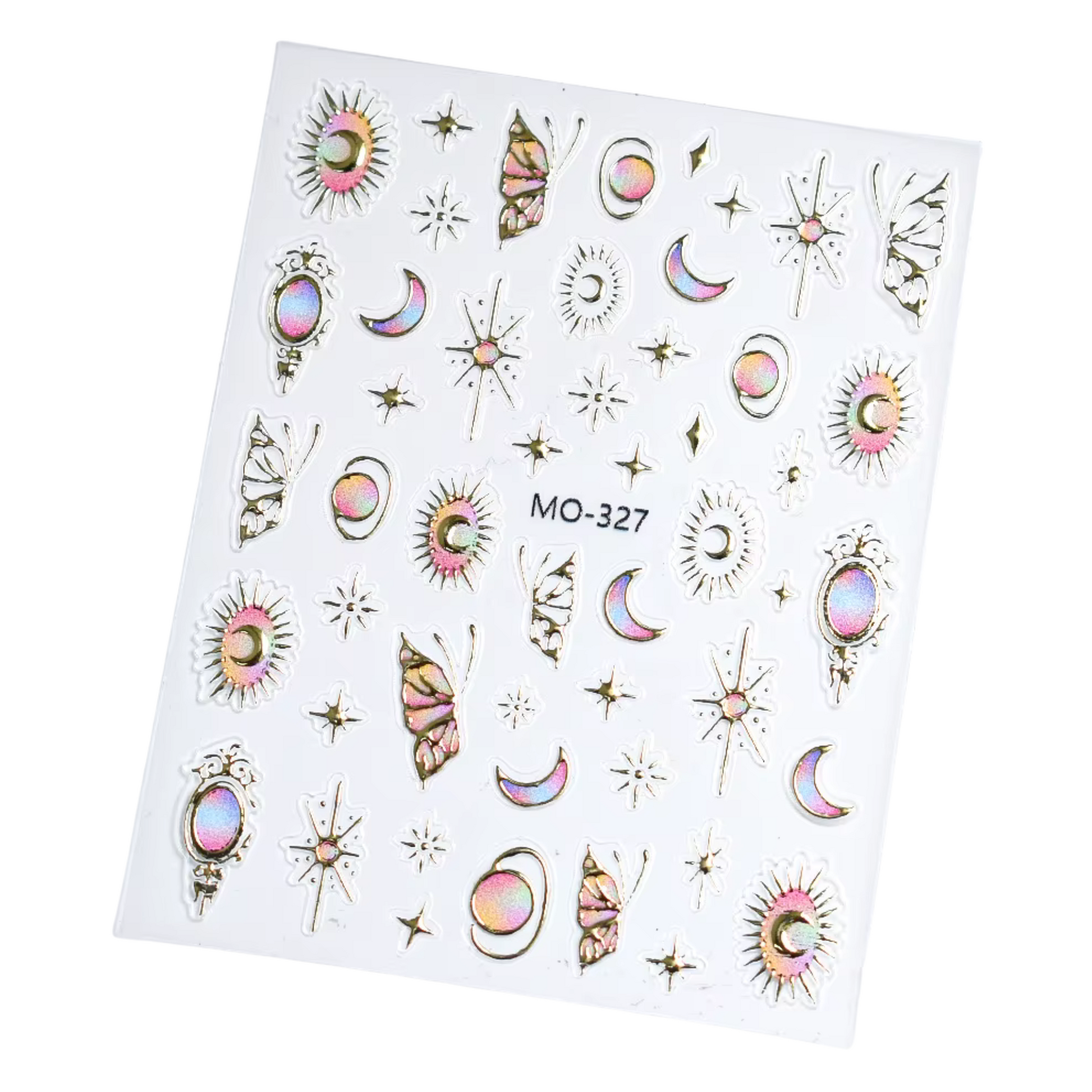 holographic moons, suns, butterflies, and mystical stars outlined in gold nail stickers