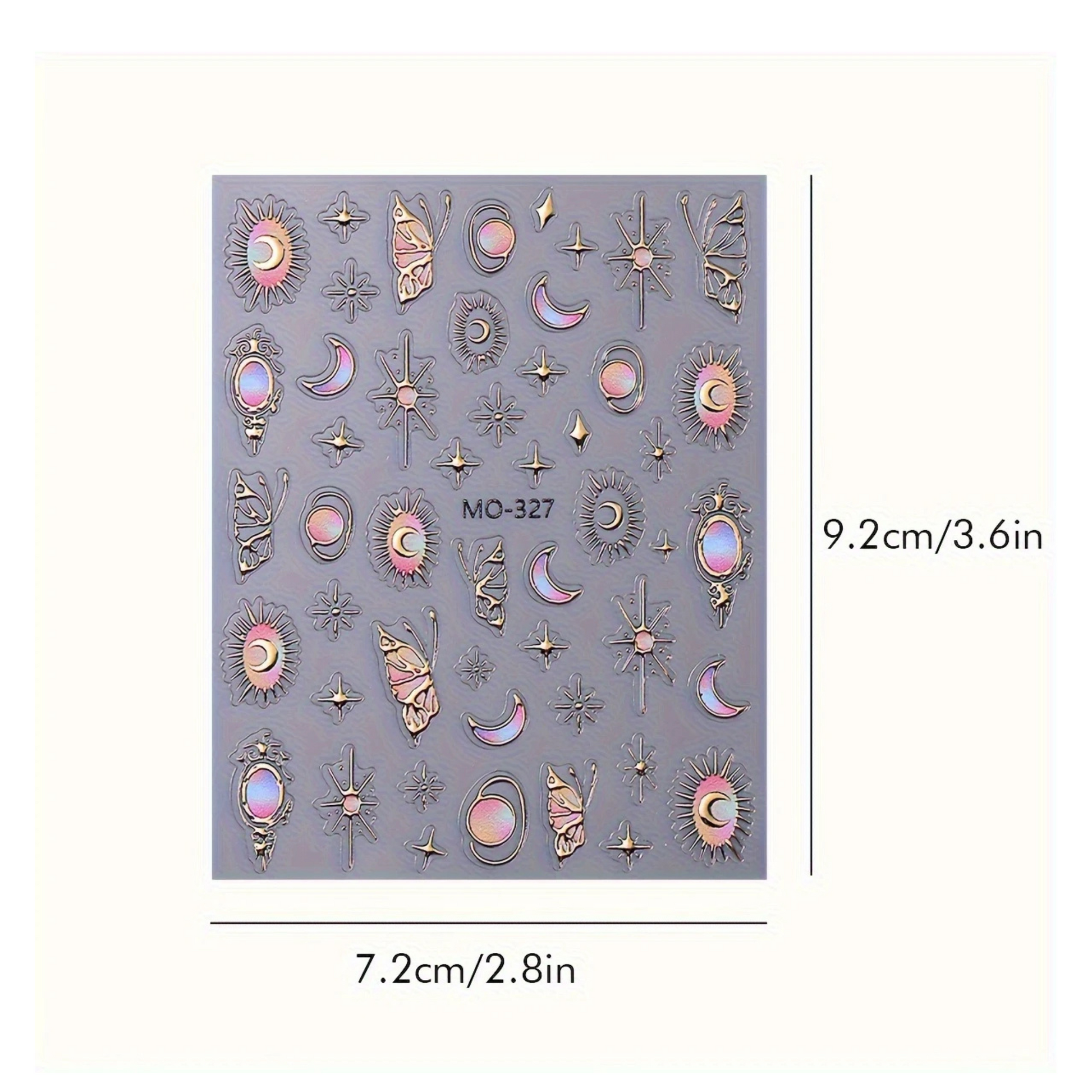 Sheet of decorative stickers with celestial designs on a gray background, with dimensions indicated.