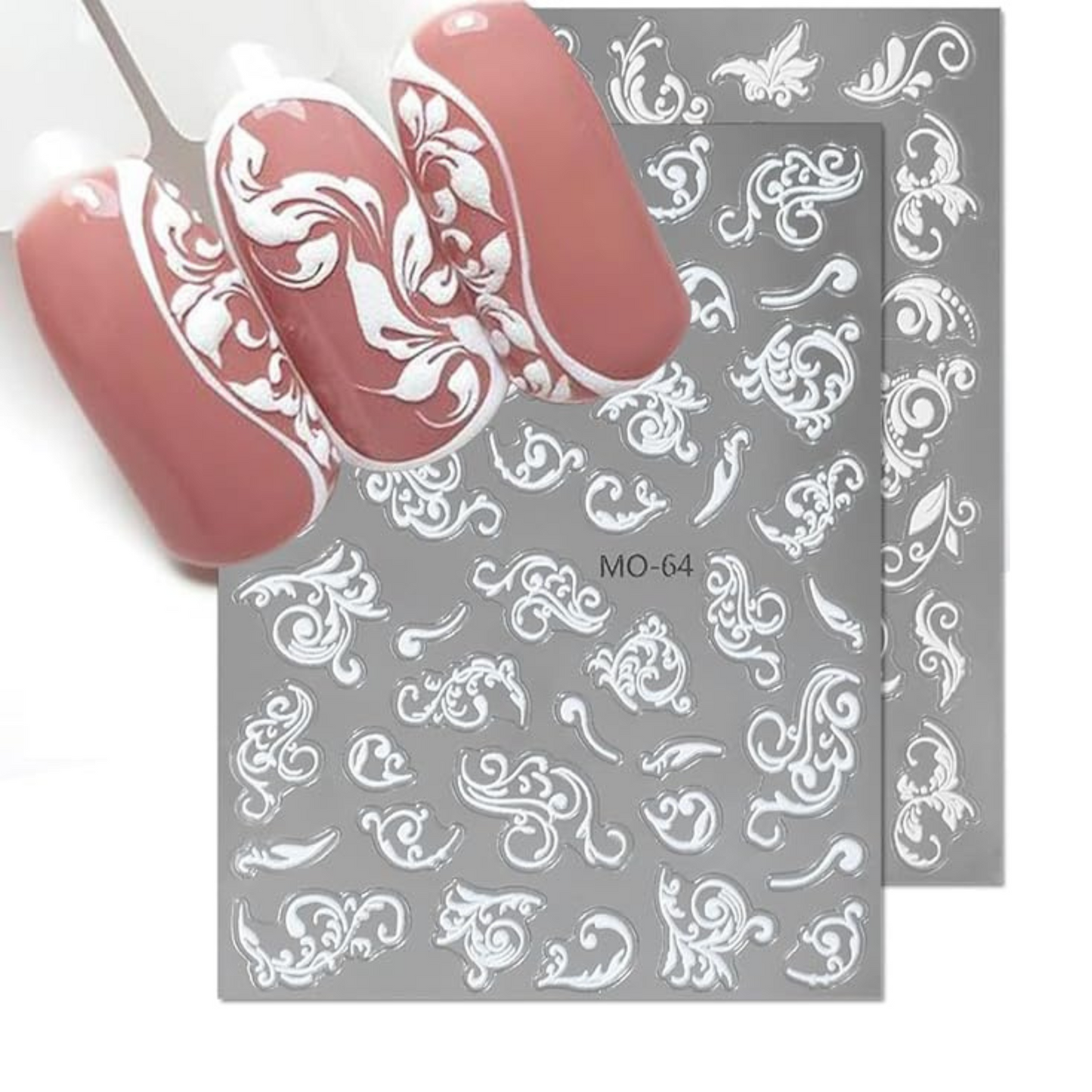 Nail art stencil with decorative patterns and a hand with pink nails showing application.