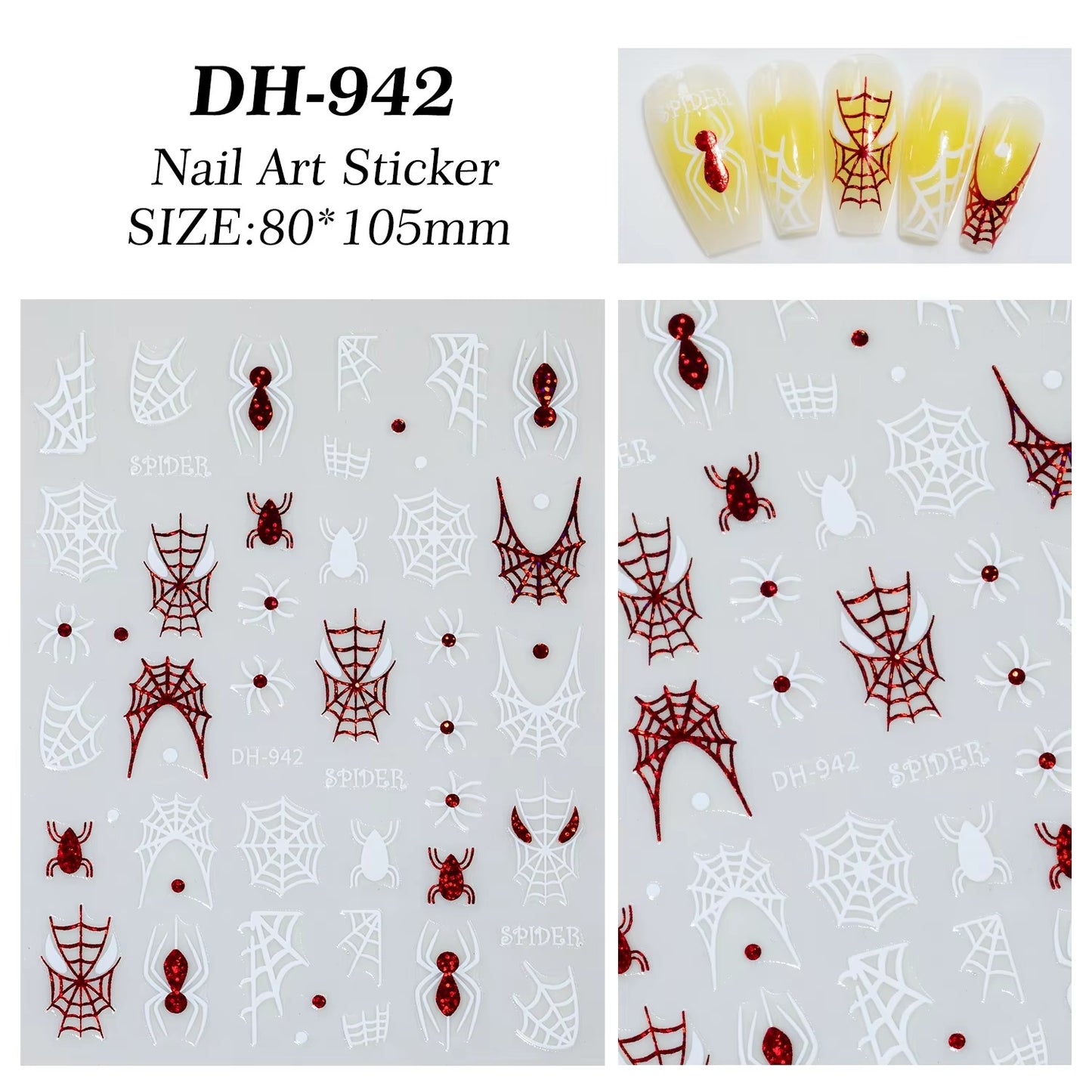 Nail Art Stickers - Halloween Red/White Spider & Webs (DH-942)