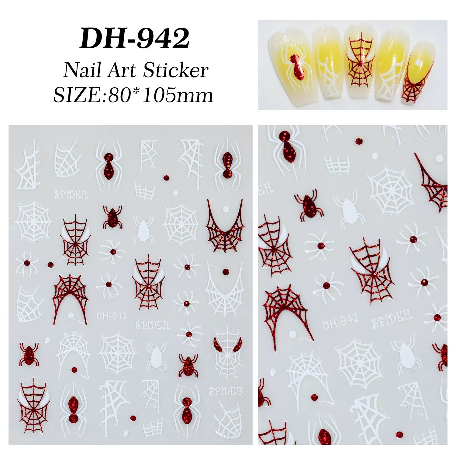 Nail Art Stickers - Halloween Red/White Spider & Webs (DH-942)