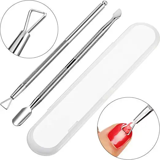 2-piece stainless steel gel polish removal tool set with double-ended scraper and cuticle pusher tools in a protective storage case.