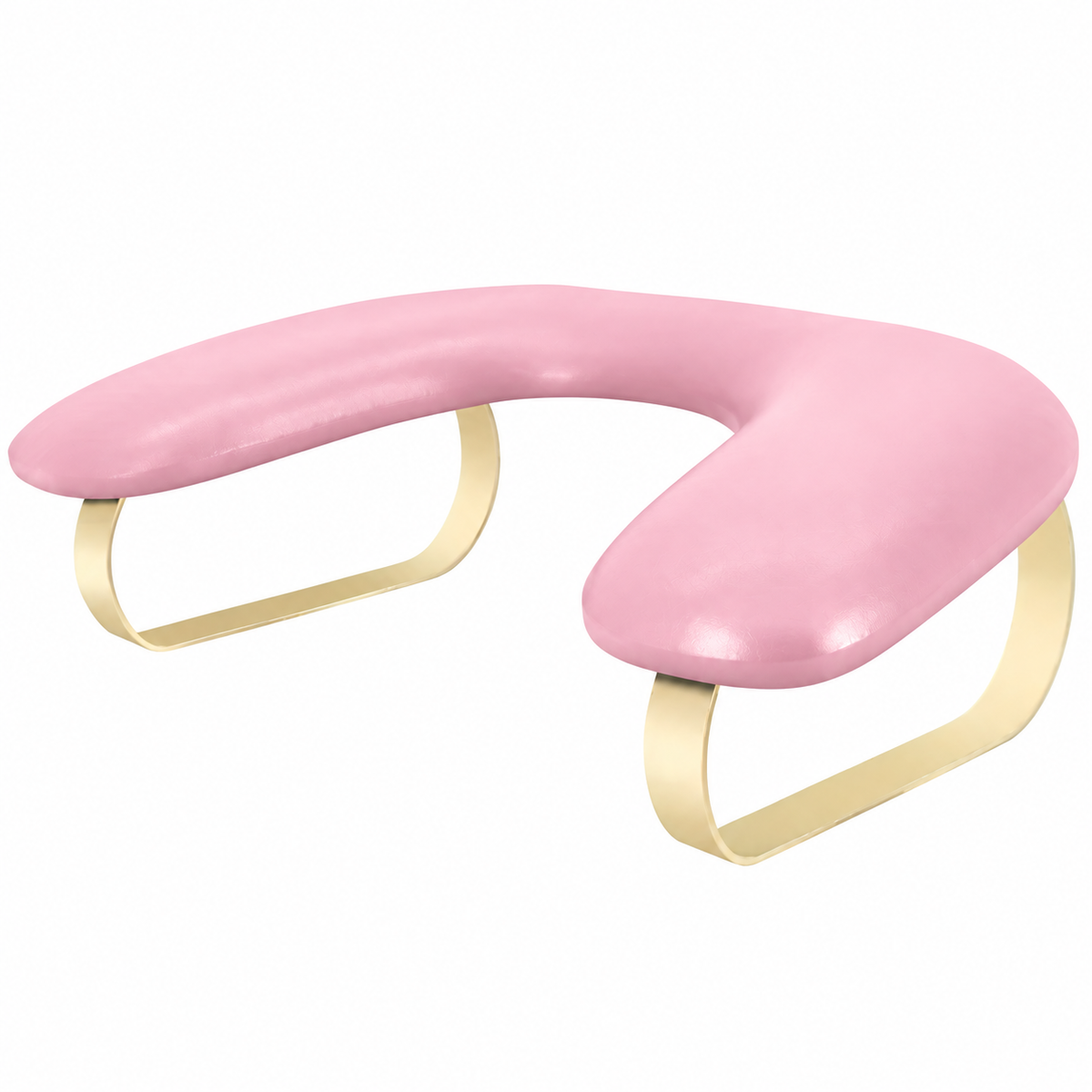Deluxe pink manicure armrest with gold metal frame on a white background
